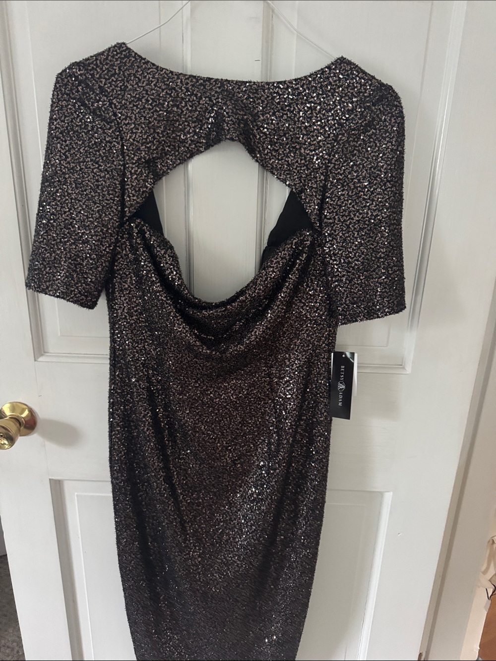 Betsy & Adam Black Metallic Sequin Backless Cocktail Dress